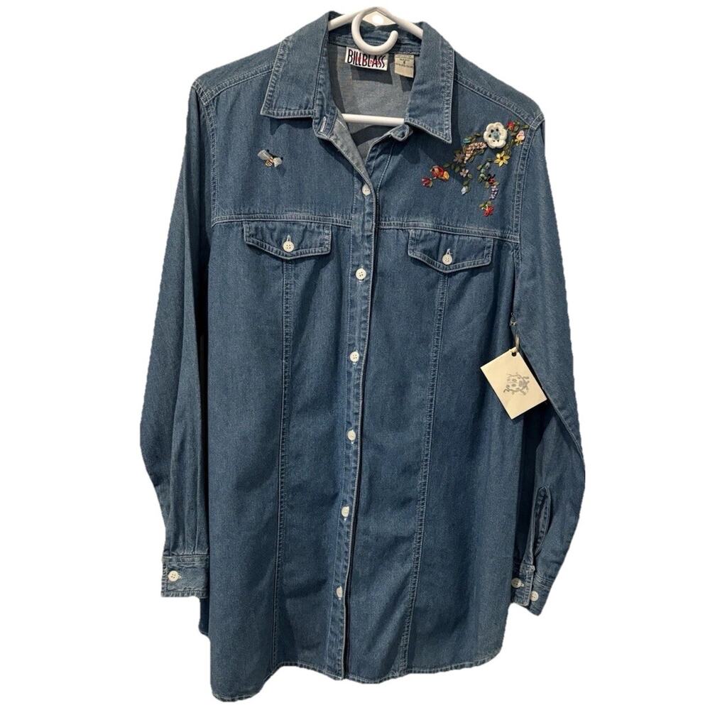 Bill Blass Jeans Denim Shirt Small Collar Long Sleeve Hand Embroidered Cotton!